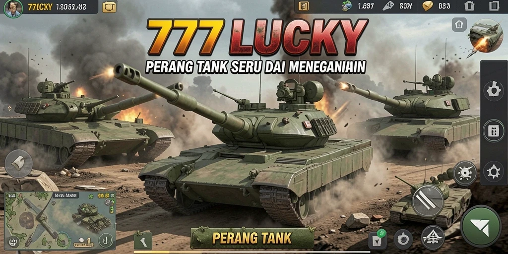 Screenshot antarmuka utama 777LUCKY memperlihatkan aksi pertempuran tank yang seru.